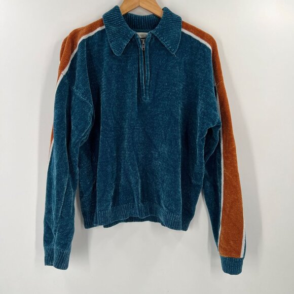 Urban Outfitters S Chenille 1/4 Zip Sweater Blue Colorblock Retro 90s Cozy - Picture 1 of 8
